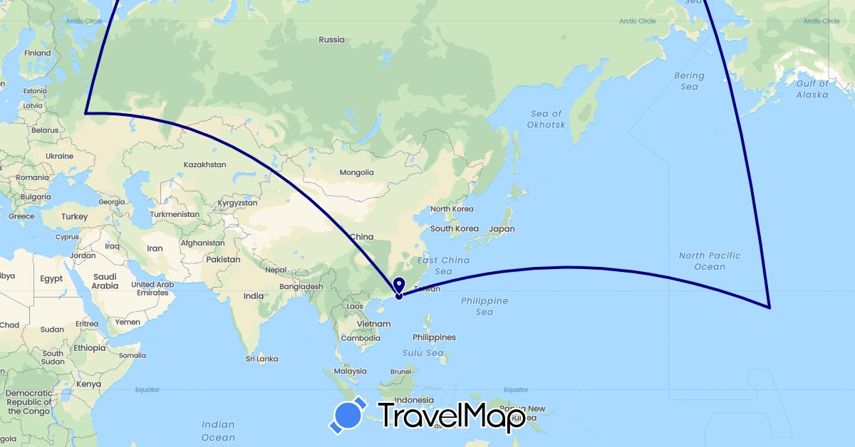 TravelMap itinerary: driving in China, Russia, United States (Asia, Europe, North America)
